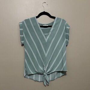 Monteau Teal Striped V-Neck Blouse